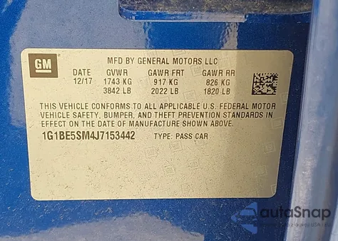 2018 Chevrolet Cruze Lt Auto z USA, uszkodzony, nr VIN 1G1BE5SM4J7153442